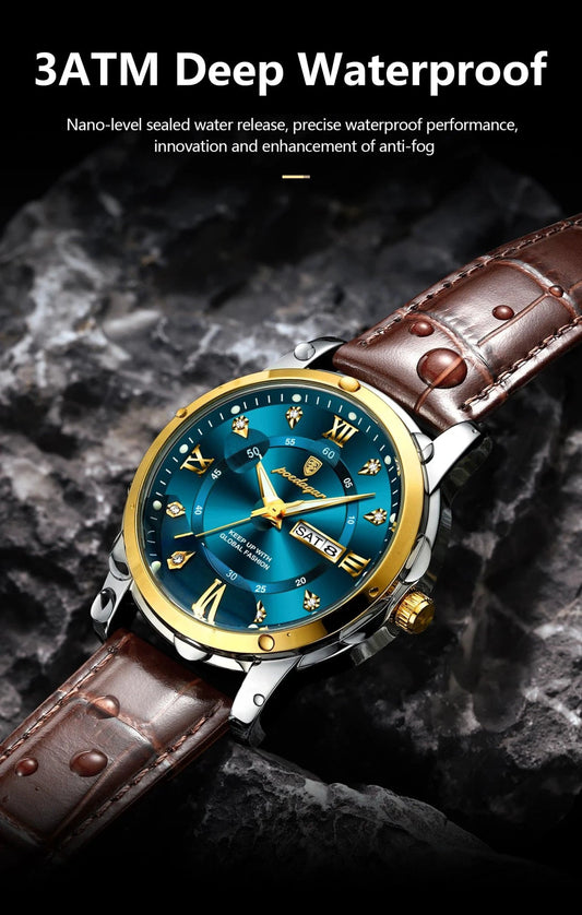 Mandotos POEDAGAR waterproof leather men's quartz watch with black dial and brown leather strap.