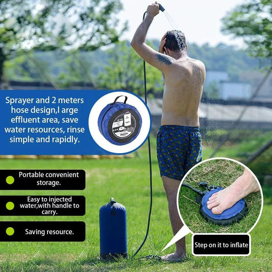 Mandotos portable outdoor shower kit with showerhead, hose, and compact design for camping or outdoor use.