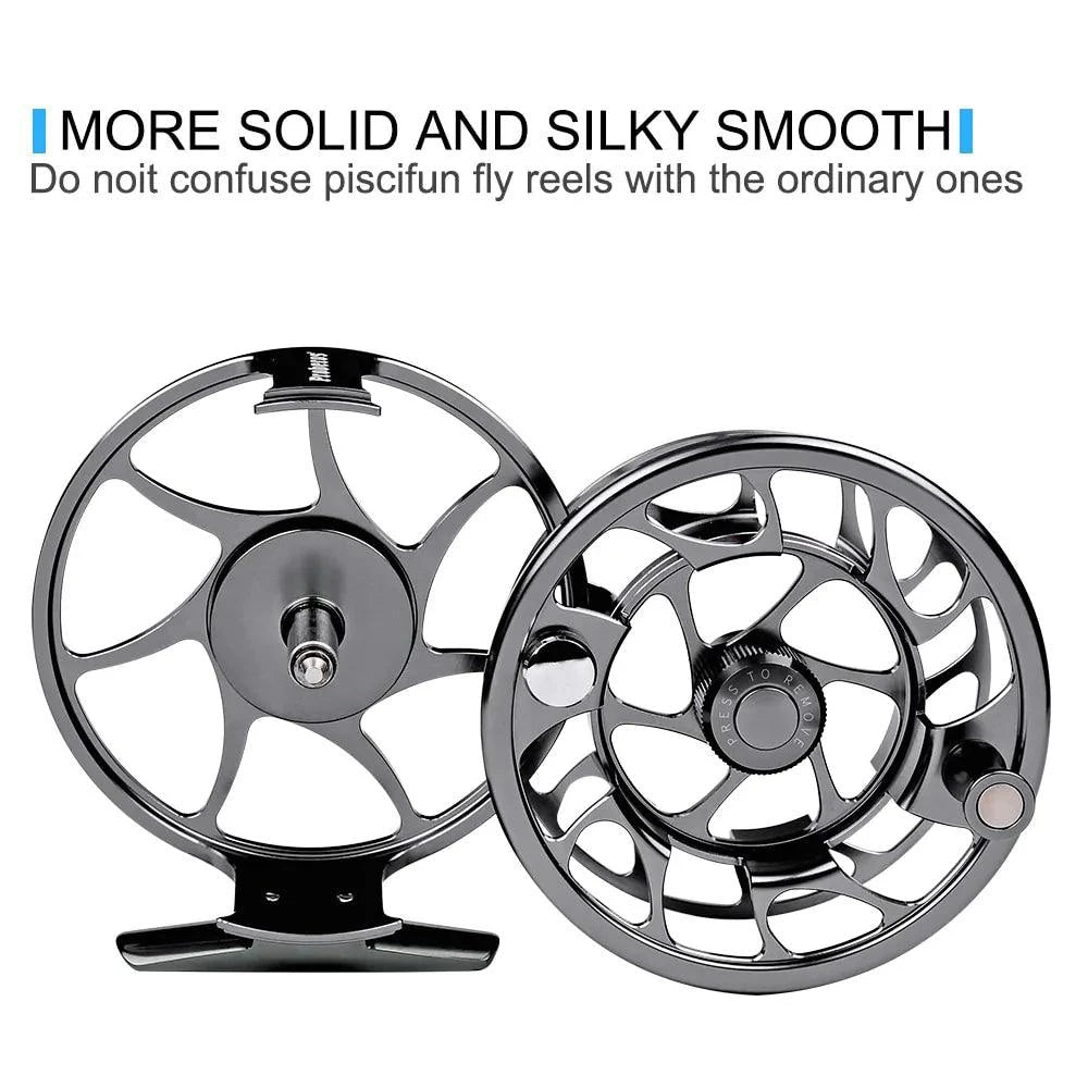 Mandotos Precision Fly Caster Reel with black metal body and handle, designed for smooth fly fishing casting.