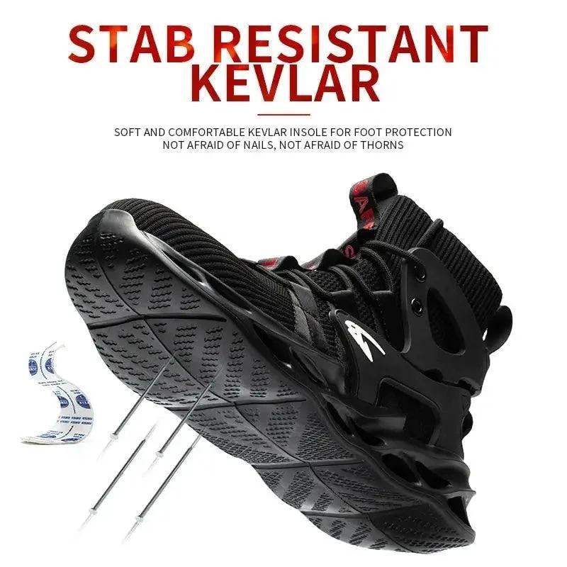 Mandotos puncture-proof work shoes with steel toe caps and slip-resistant soles, designed for safety and durability in industrial environments.