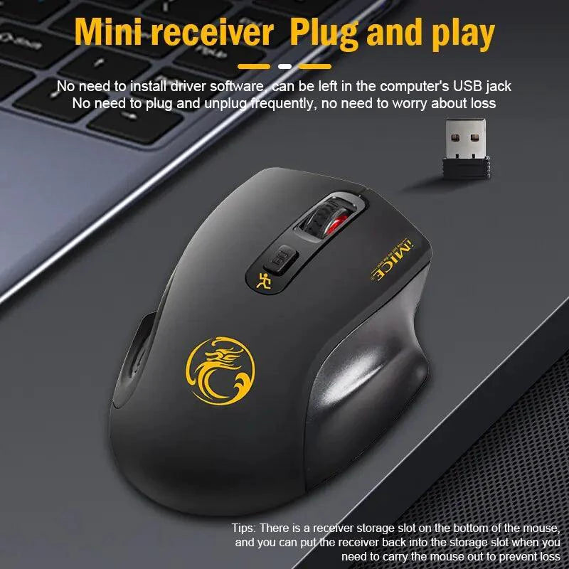 Mandotos QuietFlex Wireless Mouse with ergonomic design, black finish, and customizable buttons for comfortable computer use.