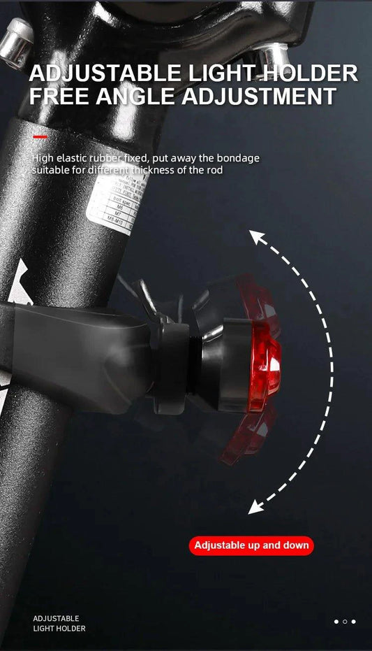 Mandotos rear bike tail light with USB rechargeability, bright red LED, easy to install for cycling safety on bicycles.