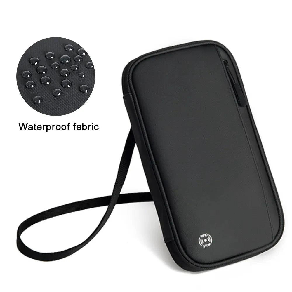 Mandotos RFID safe travel pouch with multiple compartments for secure passport, cards, and cash storage.