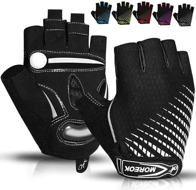 Mandotos RideGuard half finger cycling gloves with padded palms and breathable fabric for comfortable riding.