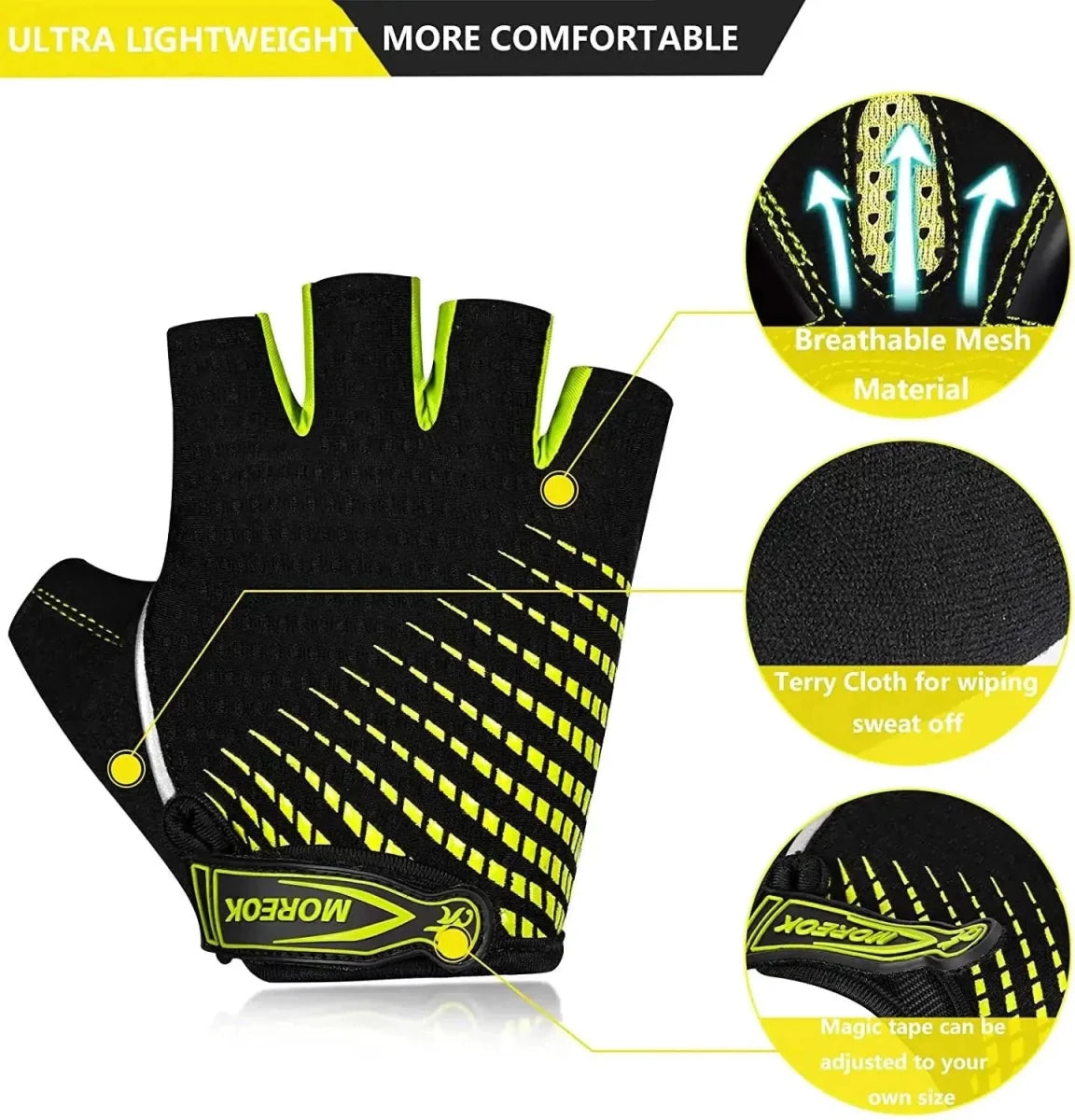 Mandotos RideGuard half finger cycling gloves with padded palms and breathable fabric for comfortable bike rides.