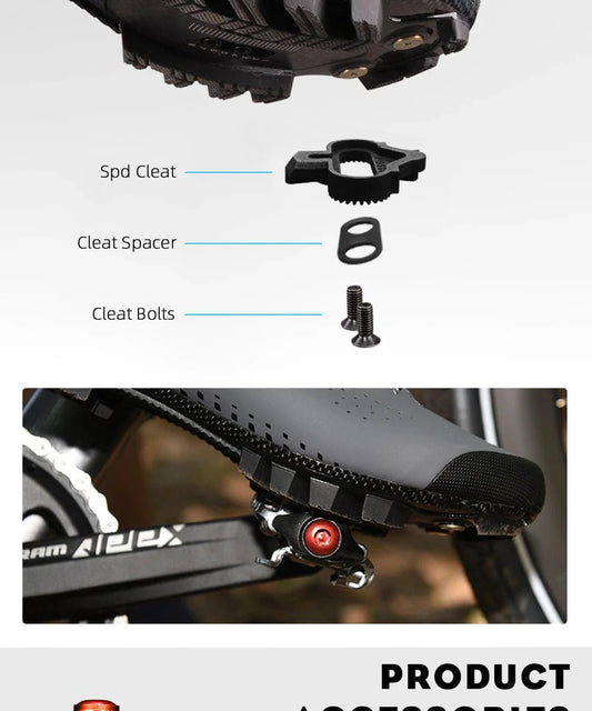 Mandotos RYET MTB clipless pedals with rugged grip and secure attachment for mountain biking, shown with reflective surfaces and pedal cleats.