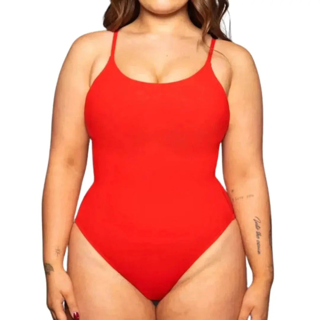Mandotos Sculpting Beachwear Bodysuit in black, featuring a form-fitting design with adjustable straps and seamless construction.