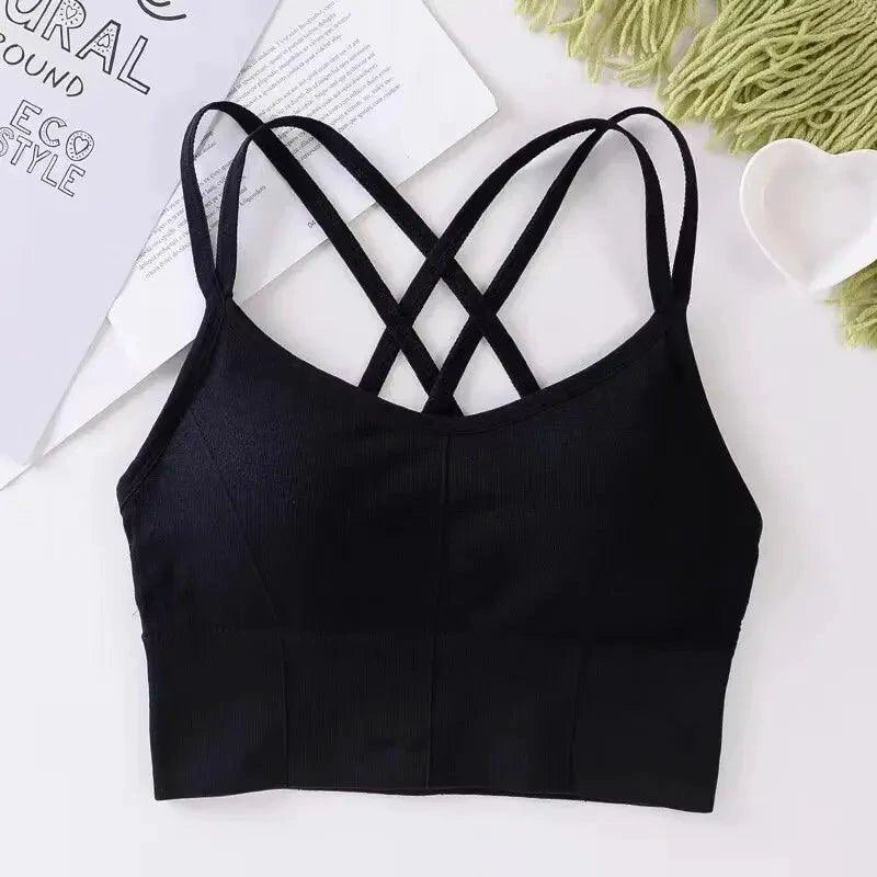 Mandotos women's back cross strap tank top and push-up sports bra, breathable, soft, solid color for yoga and fitness activities.