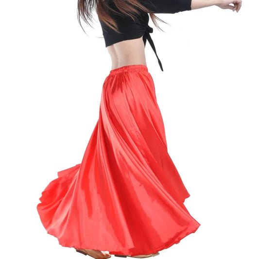Mandotos shining satin long Spanish skirt for swing and belly dance, available in 14 vibrant colors, featuring a flowing sun skirt style.