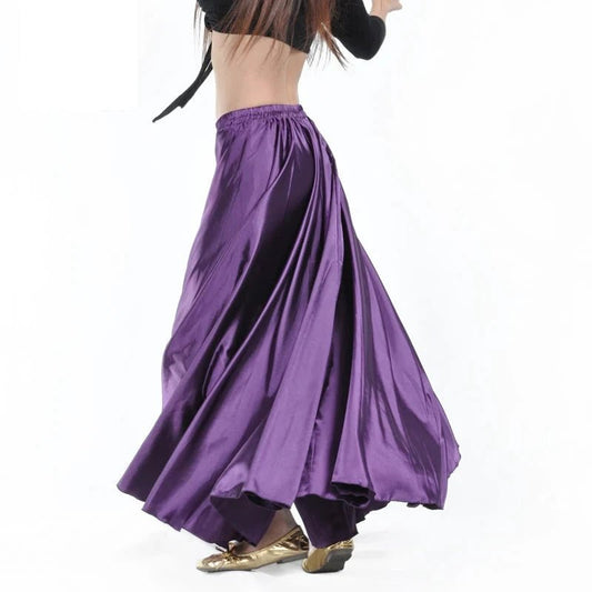Mandotos shiny satin long Spanish skirt for swing and belly dancing, sun skirt style, available in 14 vibrant colors.