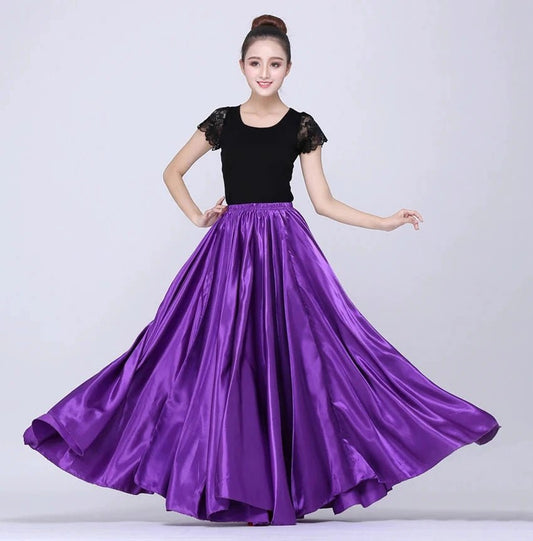 Mandotos shining satin long Spanish skirt for swing and belly dance, available in 14 colors, with flowing sun skirt design.