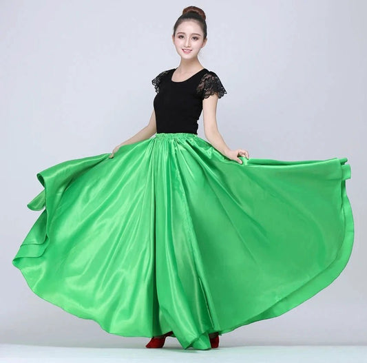 Mandotos shining satin long Spanish dance skirt with swing style in vibrant colors, perfect for belly dance and sun dance performances.