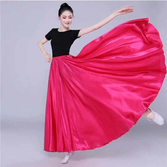 Mandotos shining satin long Spanish skirt with swing design, ideal for belly dance and sun dance, available in 14 colors.
