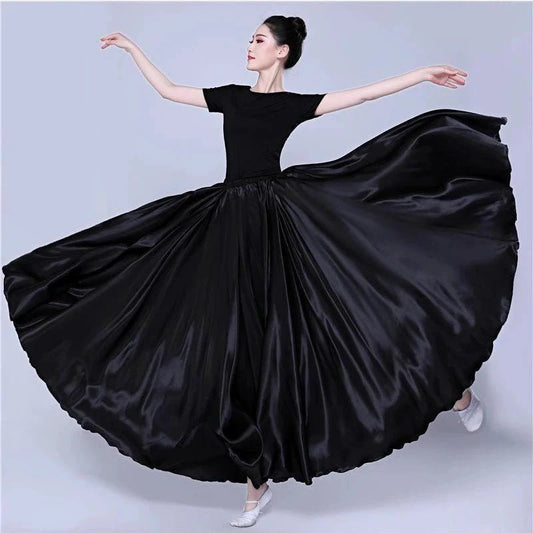 Mandotos shining satin long Spanish skirt for swing and belly dance, available in sun skirt style with 14 vibrant colors.