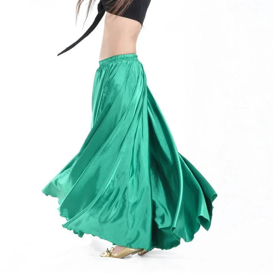 Mandotos shining satin long Spanish dance skirt in vibrant colors, ideal for swing, belly dance, and sun dance performances.