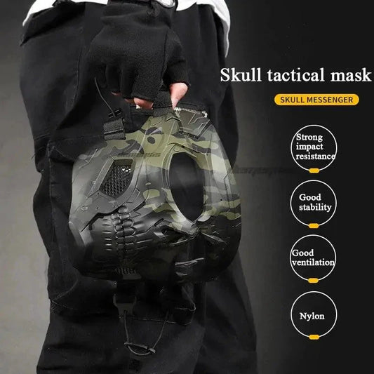 Mandotos Skull Tactical Sports Mask showing a black mask with skull design, breathable fabric, and adjustable straps.