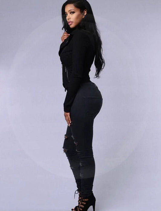 Mandotos SlimFit women's slimming stretch leggings with trendy rips, showcasing a close-up of the stylish, fitted leggings.