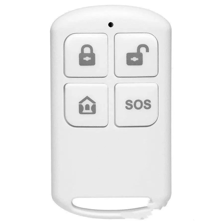 Wireless GSM store door and window anti-theft alarm by MANDOTOS, with sensors and control panel for security monitoring.