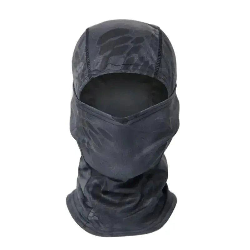 Mandotos Stealth Ops Camo Face Mask with camouflage pattern, breathable fabric, and adjustable fit for outdoor activities and tactical use.