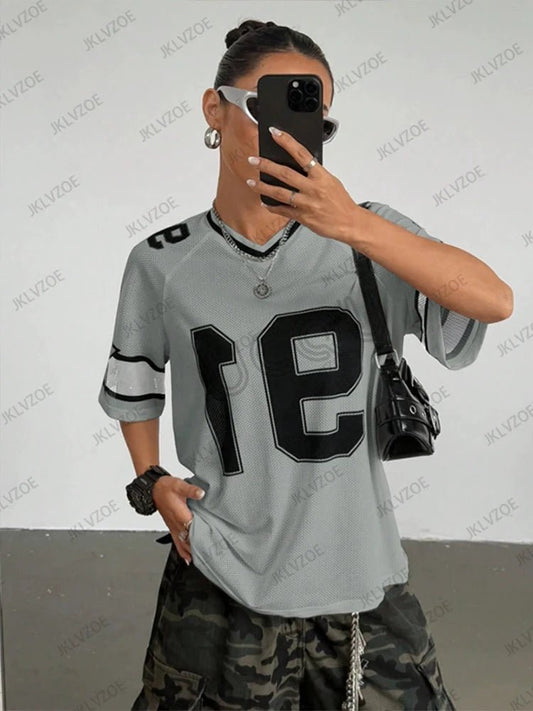Summer New Black Speed 91 Print T-Shirt For Women V-Neck Patchwork Short Sleeve Sports Football Jersey Y2K Loose Oversized Tops - MANDOTOS