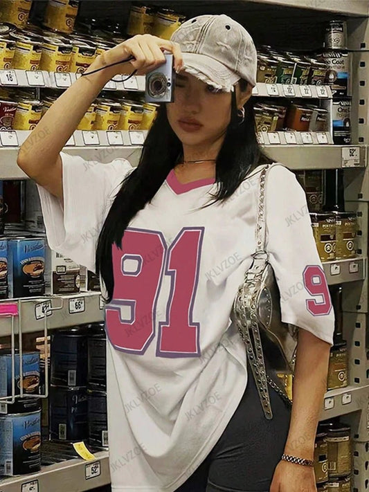 2025 Summer New Retro No.91 Printed T-Shirt For Women V-Neck Short Sleeve Sports Football Jersey Y2K Loose Oversized Tops - MANDOTOS