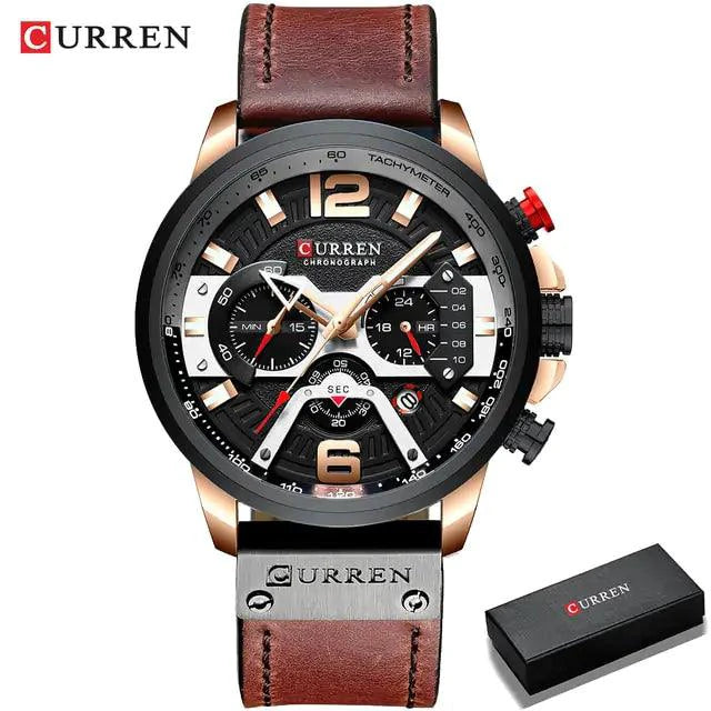 Mandotos Tactical Elegance leather watch with black dial and metal case, featuring a leather strap and minimalist design.