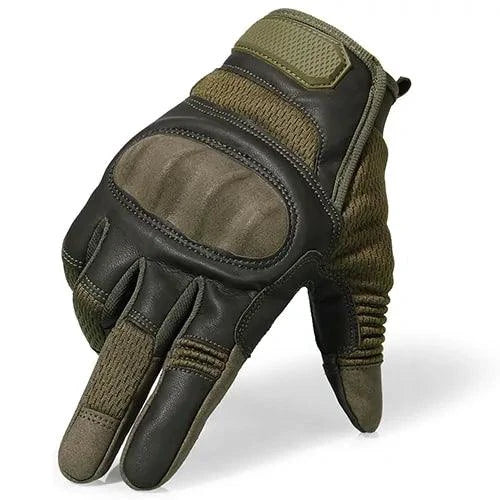 Mandotos touchscreen leather motorcycle gloves showing black leather design and touch-sensitive fingertips for motorcycle riding.