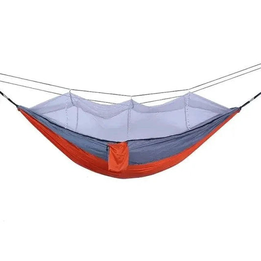 Mandotos Traveler's Mosquito-Free Hammock showing lightweight, breathable fabric with built-in mosquito net for outdoor relaxation.