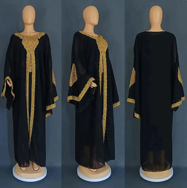 Mandotos two-piece gold kaftan abaya dress set featuring elegant flowing fabric and intricate detailing for a stylish look.
