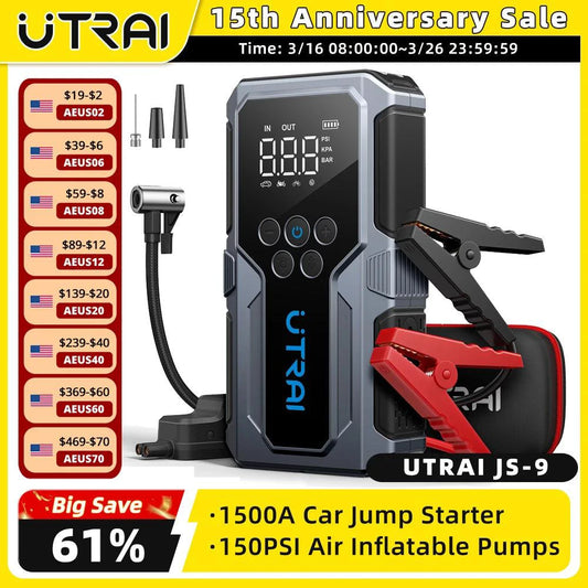 Mandotos UTRAI 1500A portable car jump starter with 150 PSI air pump for emergency power and vehicle maintenance.