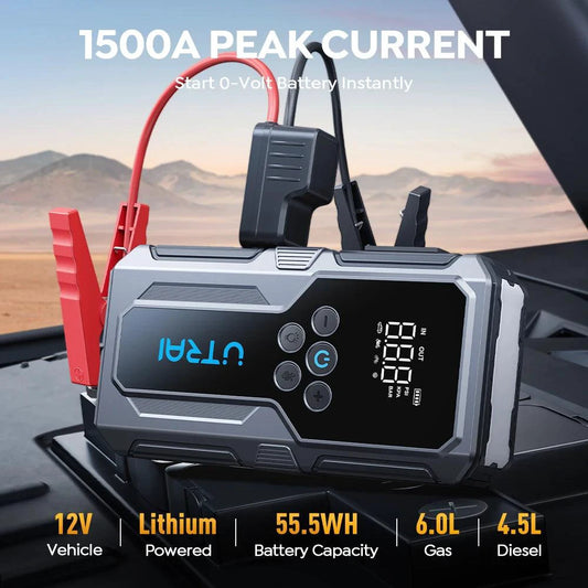 MANDOTOS UTRAI 1500A portable car jump starter and 150PSI air pump, compact emergency power boost device for vehicles.