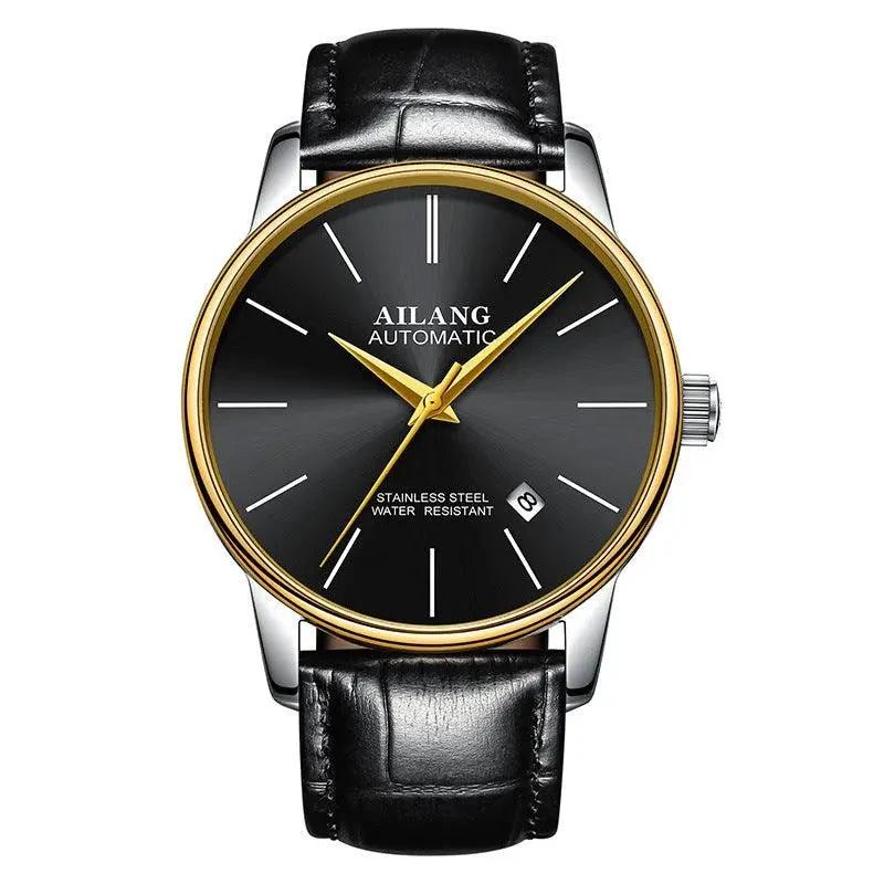 Mandotos men's automatic mechanical watch showing a sleek dial and stainless steel band on a display stand.