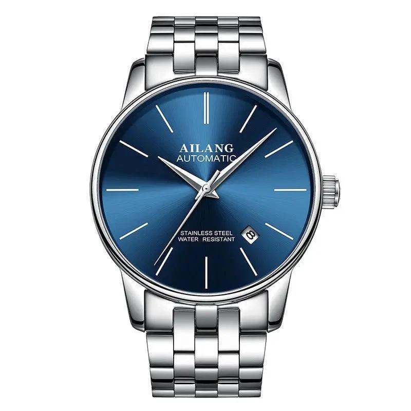 Mandotos men's automatic mechanical watch with black dial and stainless steel band, showcasing intricate watch movement.