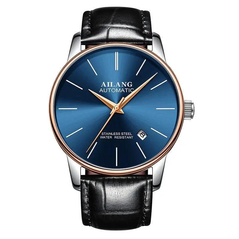 Mandotos men's automatic mechanical watch with a black dial and stainless steel band, showcasing elegant timepiece craftsmanship.