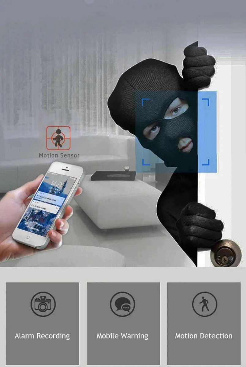 Mandotos WiFi wireless CCTV IP camera for home security, showing a sleek black monitor with camera lens and connection indicators.