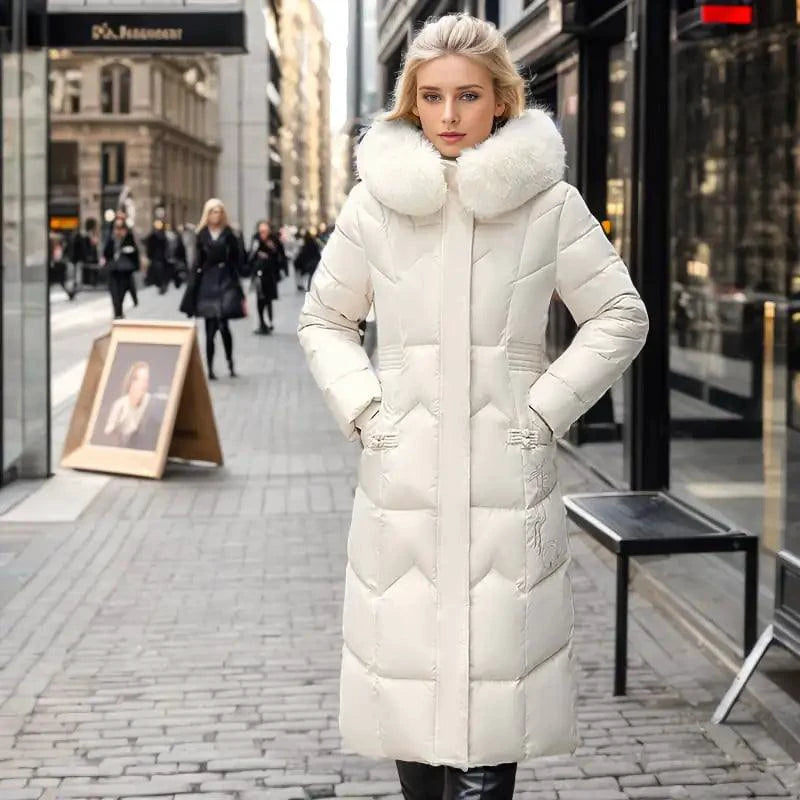 Mandotos winter long coat with thickened fur collar, stylish outerwear for cold weather, in dark color with tailored fit.