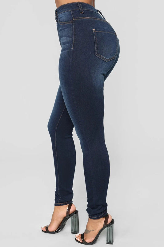 Women High Waist Stretch Hip Lift Denim Skinny Pants Jeans Full Length Sexy Slim Bleachded Solid Color Pants - MANDOTOS