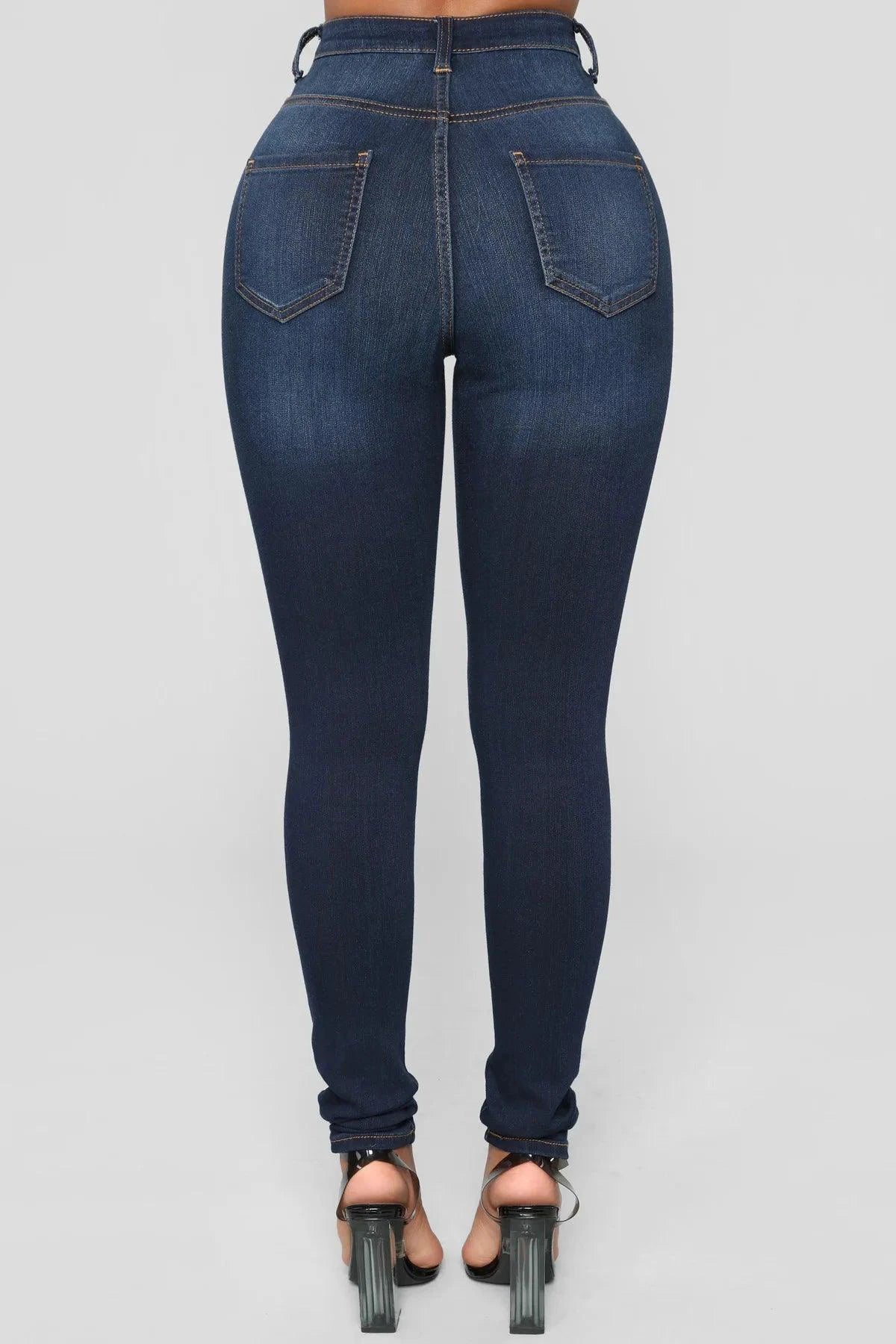 Mandotos women's high waist stretch denim skinny jeans, full length, solid color, hip lift design, slim fit, bleach finish.