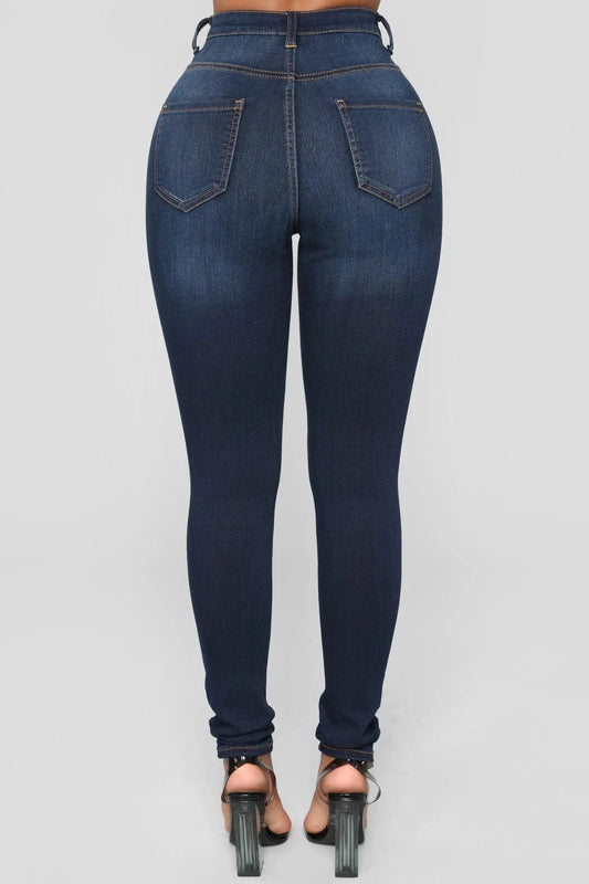 Women High Waist Stretch Hip Lift Denim Skinny Pants Jeans Full Length Sexy Slim Bleachded Solid Color Pants - MANDOTOS