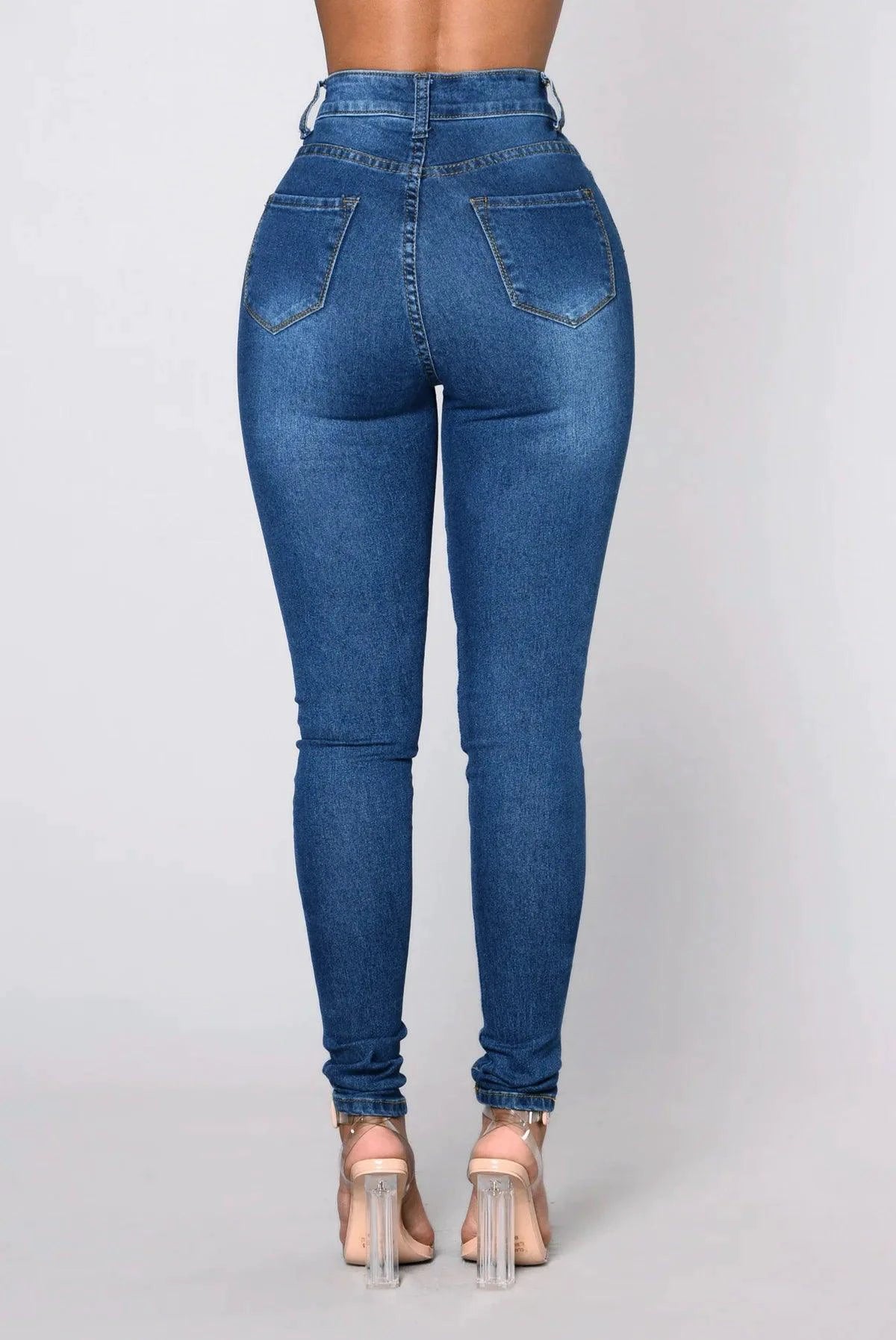 Mandotos women's high waist stretch denim skinny jeans with full-length, slim fit, solid color, and hip lift design.