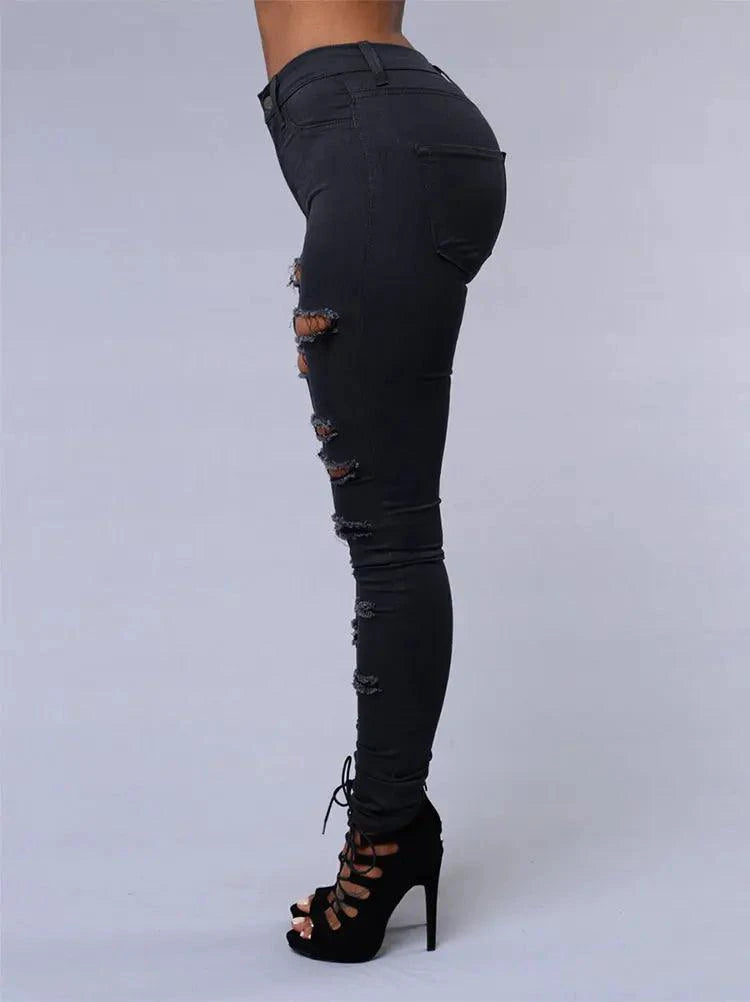 Mandotos women's high waist skinny ripped washed denim jeans with distressed holes, casual Y2K style, perfect for everyday wear.