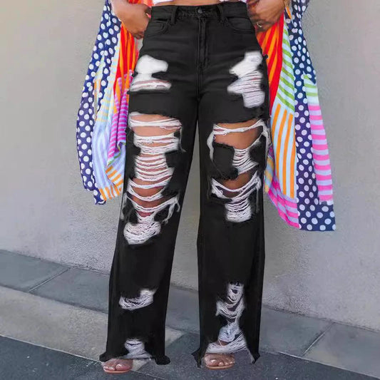 Mandotos Burnt Flower high waist jeans for women, casual denim trousers with floral design, perfect for spring and summer.