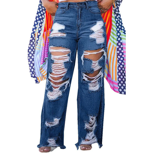 Mandotos burnt flower high waist women's jeans, casual denim trousers with floral pattern, perfect for spring and summer wear.