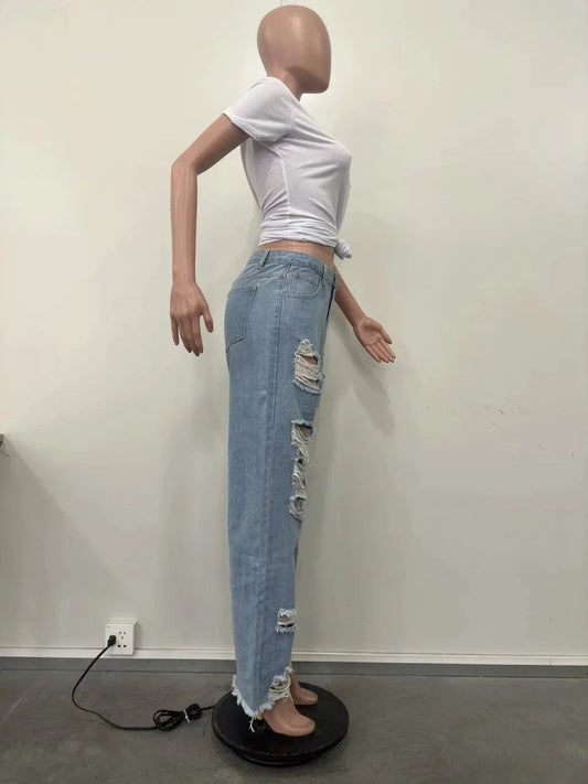 Mandotos Burnt Flower high waist jeans for women, casual denim trousers with floral print, ideal for spring and summer wear.