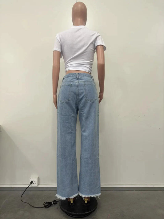Mandotos burnt flower high waist women's jeans, trendy casual denim trousers for spring and summer, featuring floral print and relaxed fit.
