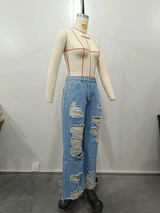 Mandotos Burnt Flower high waist jeans for women, casual denim trousers with floral design, perfect for spring and summer wear.