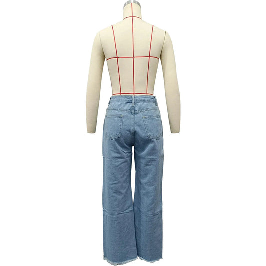 Mandotos burnt flower high waist women's jeans, trendy casual denim trousers for spring and summer wear.
