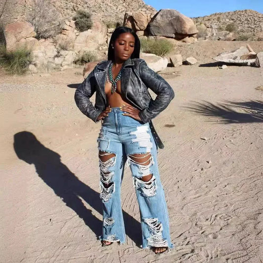 Jeans Women Long Pants Elegant Splice Denim Pant Slim Fit Sexy Hole High Waist Button Pocket Straight Trousers Summer 2024 - MANDOTOS