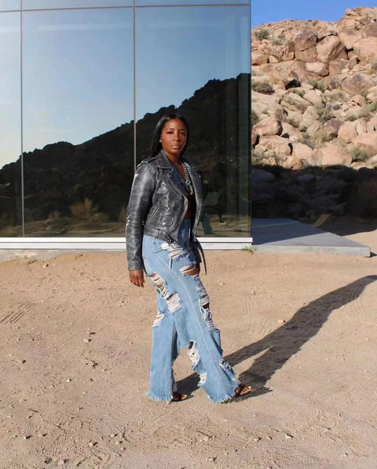 Jeans Women Long Pants Elegant Splice Denim Pant Slim Fit Sexy Hole High Waist Button Pocket Straight Trousers Summer 2024 - MANDOTOS