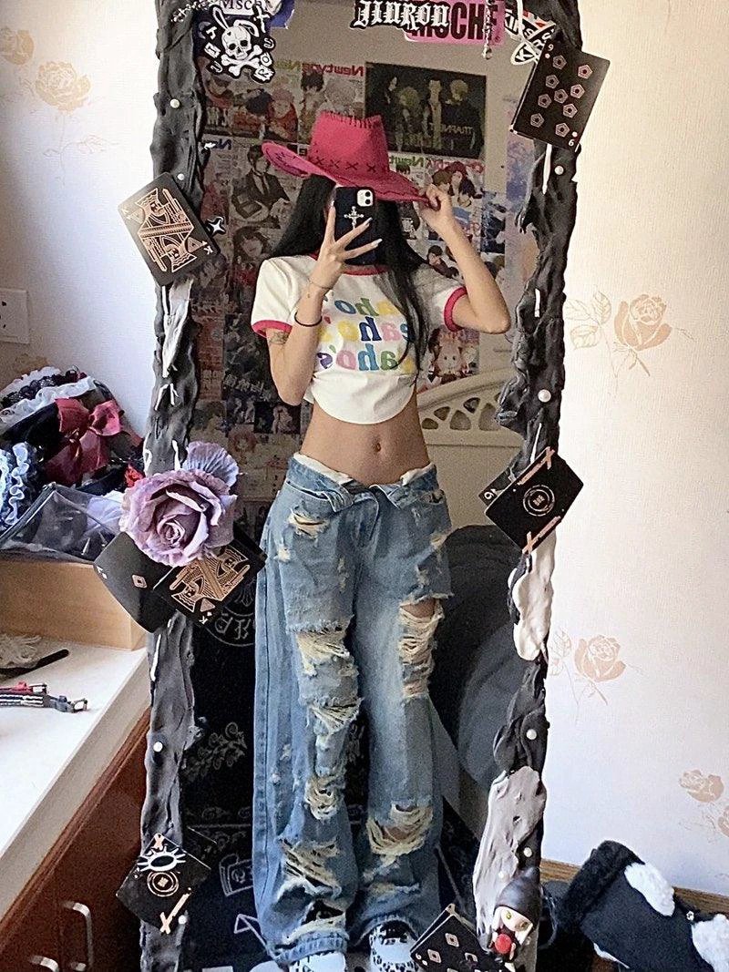 Plus size American high street wide leg ripped denim women's summer retro high waist straight-leg loose mop pants by MANDOTOS.